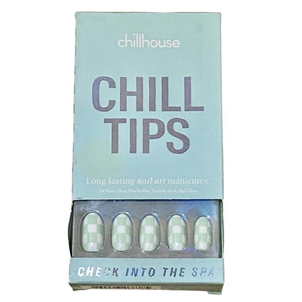 New Chillhouse Chill Tips Press-on Nails in Mint Green & White Checkered Design